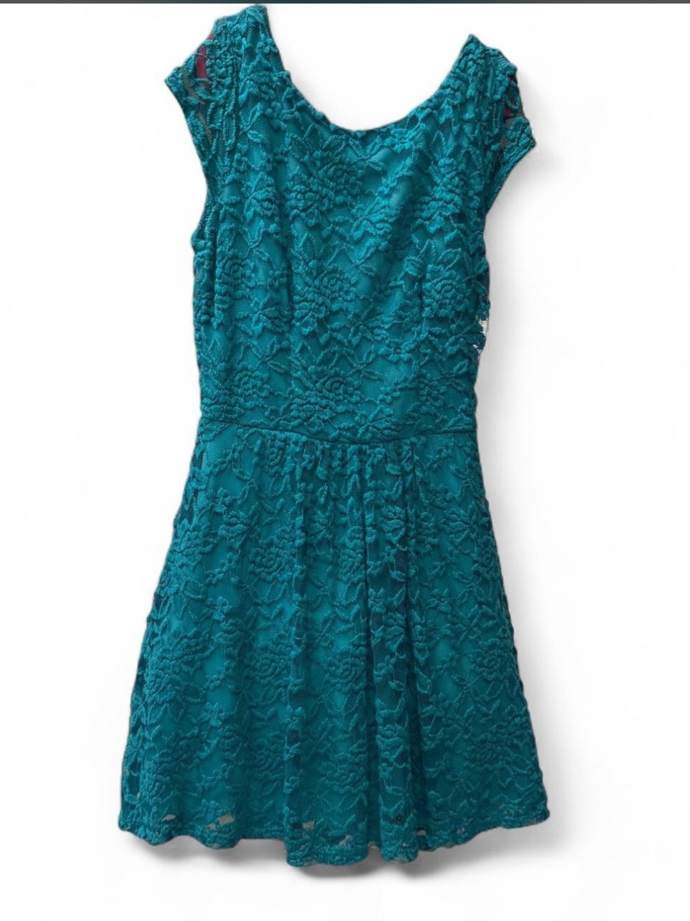 B. Darlin teal lace dress with floral pattern
